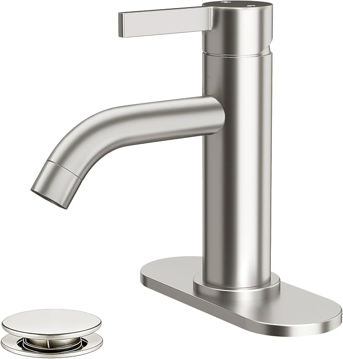 Brushed Nickel Bathroom Faucet Single Hole with Pop-Up Bathroom Drain and Flexible Hoses Single Handle Bathroom Sink Faucet w/Deck Plate(1 or 3 Hole) for Vanity Sinks, RV, Farmhouse