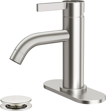 Brushed Nickel Bathroom Faucet Single Hole with Pop-Up Bathroom Drain and Flexible Hoses Single Handle Bathroom Sink Faucet w/Deck Plate(1 or 3 Hole) for Vanity Sinks, RV, Farmhouse