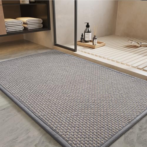 PADOOR-Bath Mat-Super Absorbent Chenille Bathroom Mats-Rubber Backed Bath Mats for Bathroom Non Slip, Easy Clean Bathroom Rugs Front of Bathtub,Shower Room,Sink-17×28, Grey&Beige