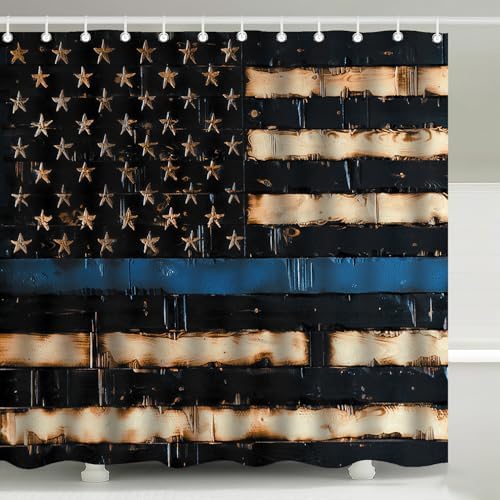 Thin Blue Line American Pride Flag Shower Curtain with Hooks 72 x 72 Inches