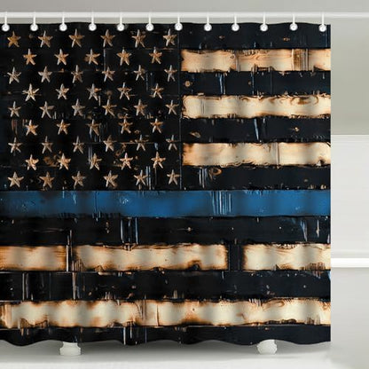 Thin Blue Line American Pride Flag Shower Curtain with Hooks 72 x 72 Inches