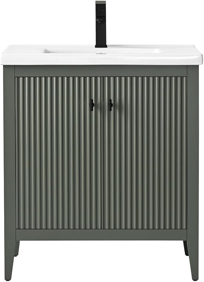 Vanity Art 30 inch Bathroom Vanity with Single Sink & Ceramic Top, Vanity Cabinet with Soft-Closing Door, Solid Wood Frame, Linear Pattern, Vintage Green, VA9130-VG-MB,Matte Black Handles