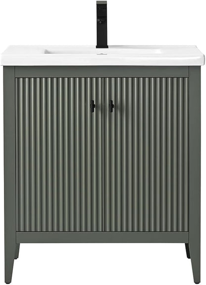 Vanity Art 30 inch Bathroom Vanity with Single Sink & Ceramic Top, Vanity Cabinet with Soft-Closing Door, Solid Wood Frame, Linear Pattern, Vintage Green, VA9130-VG-MB,Matte Black Handles