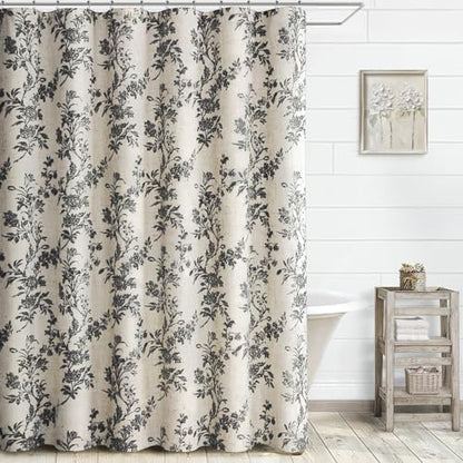 Black Floral Shower Curtain,Vintage Linen Beige Cottagecore Shower Curtains for Bathroom, 72" W x 78" L