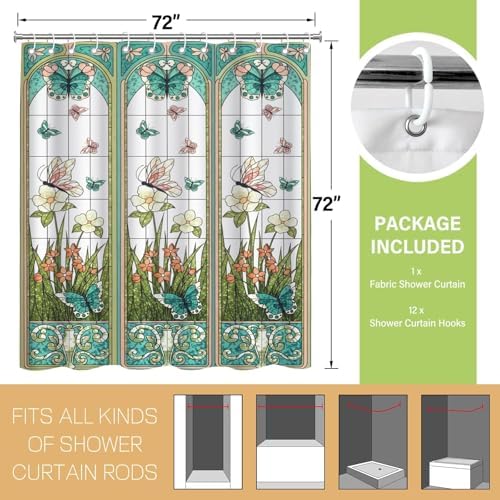 Stained Glass Vintage Floral Butterfly Shower Curtain 72x72 Inches