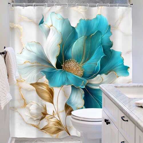Teal Gold Marble Floral Abstract Turquoise Art Bathroom Shower Curtain Set