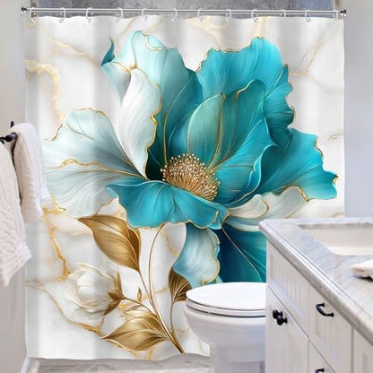 Teal Gold Marble Floral Abstract Turquoise Art Bathroom Shower Curtain Set