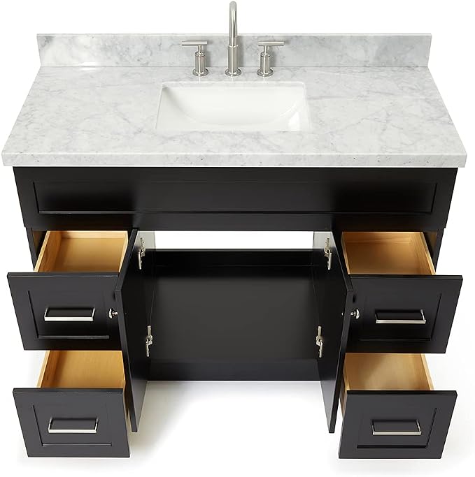 Bradford 48-Inch Bathroom Vanity with Sink — Black Single Sink Bathroom Vanity, 1.5" Edge Italian Carrara Marble Top, Solid Wood, 2 Soft-Close Doors, 4 Full Extension Dovetail Drawers