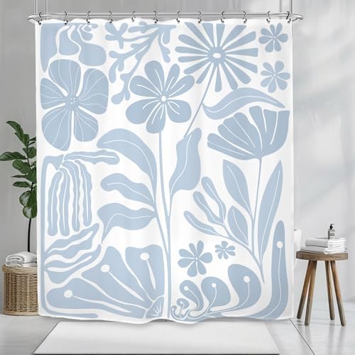 Light Blue Matisse Flower Shower Curtain 60Wx72L Inch Abstract Retro Aesthetic Minimalist Vintage Art 70s Modern Bathroom Set Accessories Decor with 12 Pack Hooks