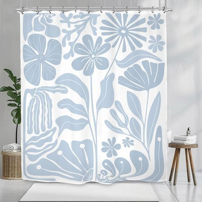 Light Blue Matisse Flower Shower Curtain 60Wx72L Inch Abstract Retro Aesthetic Minimalist Vintage Art 70s Modern Bathroom Set Accessories Decor with 12 Pack Hooks