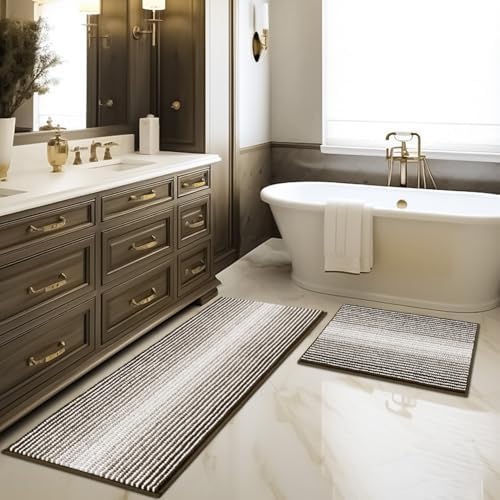 BSICPRO Bathroom Rugs Sets 2 Piece, Non Slip Striped Bath Mats, Latte