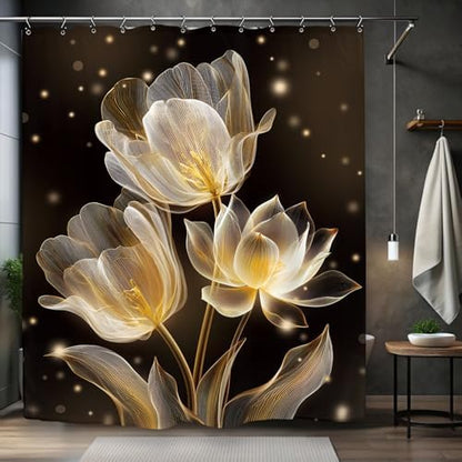 Lotus Tulip Black Gold Shower Curtain 60Wx72L Inch Flower Botanical Blossom Plant Beautiful Bathroom Set Accessories Decor with 12 Pack Hooks