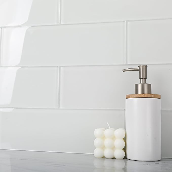 Glass Subway Tile, 4x12 Inch Glass Tile for Kitchen Backsplash Bathroom Shower Wall White (12 Pcs, 4 sq.ft)