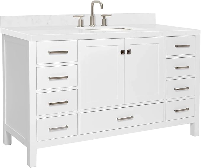 ARIEL Cambridge 60-inch Bathroom Vanity with Sink,Solid Wood, 1.5-inch Carrara White Quartz Countertop, Single Rectangular Porcelain Sink, 2 Soft Closing Doors, 9 Dovetail Drawers, White