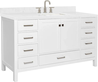 ARIEL Cambridge 60-inch Bathroom Vanity with Sink,Solid Wood, 1.5-inch Carrara White Quartz Countertop, Single Rectangular Porcelain Sink, 2 Soft Closing Doors, 9 Dovetail Drawers, White