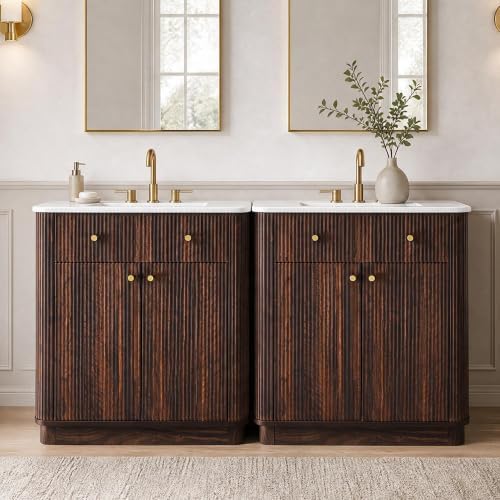 T4TREAM 60" Fluted Bathroom Vanity with 2 Single Sinks, Dark Walnut