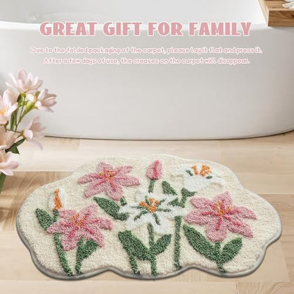 Cloud-Shaped Lily Bath Mat, Soft Non-Slip Fluffy Fresh Flowers Bathroom Rug, Ultra Absorbent Microfiber Shaggy Door Mat, Machine Washable Bath Rug Carpet for Bathtub Bedroom 20x31 Inch (White)