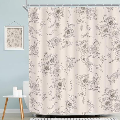 MESHELLY Farmhouse Vintage Floral Shower Curtain 60Wx72H Boho Black Flower Pattern Rustic Botanical Spring Cottagecore Bathroom Curtain Girls Women Bath Curtain Bathroom Accessories Decor with 12 Hook