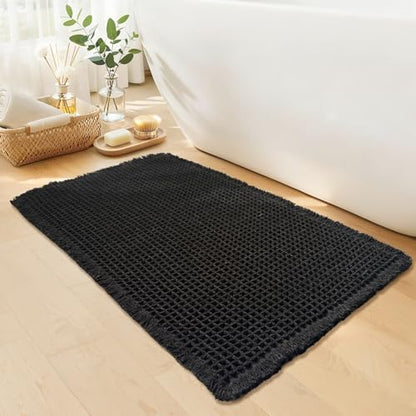 Black Bathroom Rug, Waffle Bath Mat Non Slip Washable, 24" x 36"
