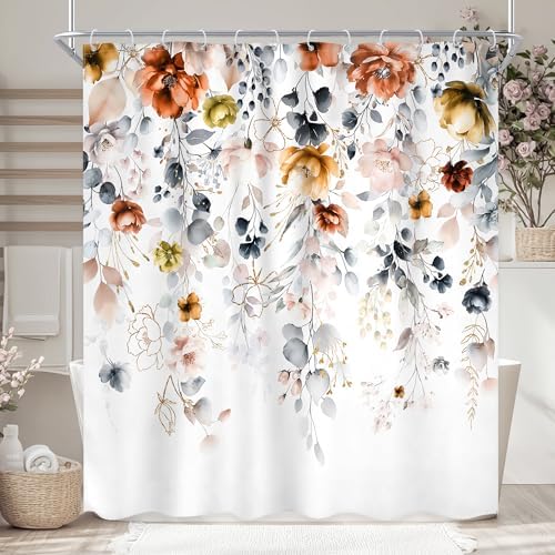 Yellow Orange Floral Pastel Watercolor Rustic Bathroom Shower Curtain Set