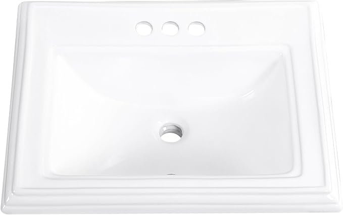 23" Drop-in Bathroom Sink with 4" Centerset 3 Hole Ceramic Basin | 23.2"x18.3", White Premium Porcelain, Self-Rimming Rectangle Design,Semi-recessed for Master Bath, Guest Powder Room Remodel