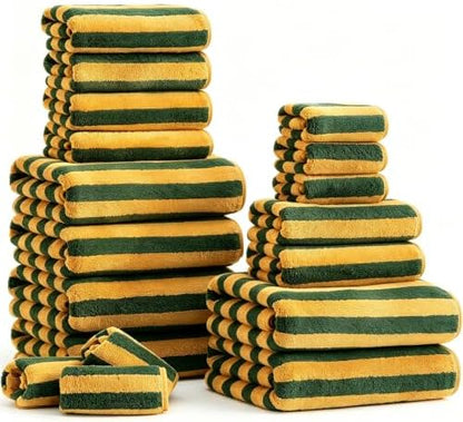 18 Pcs Yellow Green Cabana Stripe Bath Towel Set with Hanging Loop-6 Bath Towels,6 Hand Towels,6 Washcloths Family Towels Soft Microfiber Highly Absorbent Shower Towel for Bathroom Beach Spa Gym