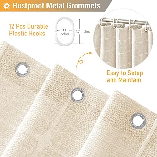 BTTN Extra Long Boho Farmhouse Linen Shower Curtain Set, 72x96, Cream/Beige