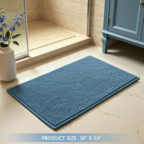 SUBRTEX Bathroom Rugs Chenille Bath Rug Soft Short Plush Bath Mat Soft Shower Mat Water Absorbent Shower Mat Quick Dry Machine Washable(Stone Blue,18" x 24")