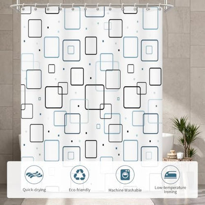 Modern Geometric Square Blue and White Shower Curtain, 72" W x 84" L