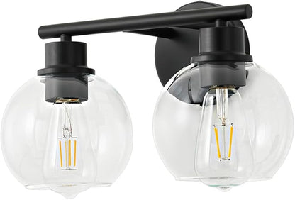 Bathroom Light Fixtures Over Mirror 2-Lights Bathroom Vanity Light with Clear Glass Shade 13.8 inch Modern Wall Sconce Black Vanity Lighting for Bath