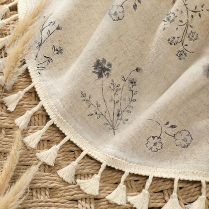 Black Floral Farmhouse Vintage Linen Shower Curtain with Tassel 72Wx72H