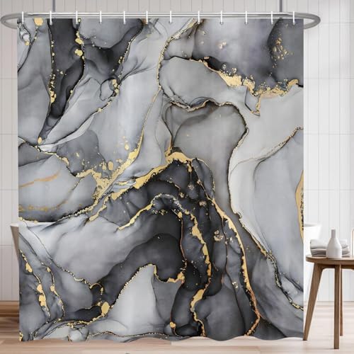 Black Marble Shower Curtain, Modern Abstract Luxury Black Gold Ink Texture Watercolor Art Bathroom Curtains Ombre Machine Washable Waterproof Fabric Bathtub Curtain Set with Hooks 36" Wx72 L