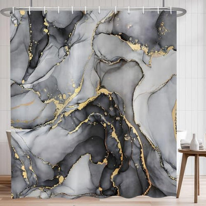 Black Marble Shower Curtain, Modern Abstract Luxury Black Gold Ink Texture Watercolor Art Bathroom Curtains Ombre Machine Washable Waterproof Fabric Bathtub Curtain Set with Hooks 36" Wx72 L