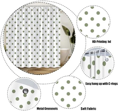 Polka Dot Shower Curtain Sage Green White Retro Spot Vintage Fabric Decorative Bathroom Curtains with Hooks,70" Wx70 H