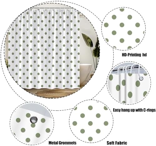 Polka Dot Shower Curtain Sage Green White Retro Spot Vintage Fabric Decorative Bathroom Curtains with Hooks,70" Wx84 H
