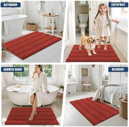 Grandaily Chenille Striped Bathroom Rugs 36x24, Extra Thick and Soft Absorbent Bath Mats, Rubber Backing, Plush Shaggy Shower Carpet, Machine Wash Dry, Bath Rug for Bathroom, Rustic Terracotta