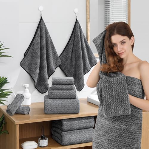 Ycosy 18 Piece Bath Towels Set,100% Microfiber Family Bathroom Towel with Hanging Loops-6 Bath Towels,6 Hand Towels,6 Washcloths,Quick Dry Highly Absorbent Shower Towel for Bathroom,Hotel,Spa-Black