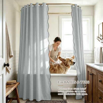 Furlinic Dusty Blue Scalloped No Hook Shower Curtain Waterproof Linen 78x75