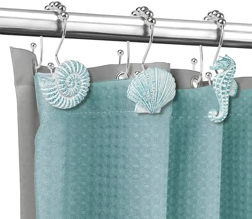 Sunlit Seashells Decorative Double Shower Curtain Hooks, Aqua Blue Ocean Creatures Coastal Shower Curtain Rings, Resin, Nautical Bathroom Decoration Beach Shower Curtain Hooks-12 Pack
