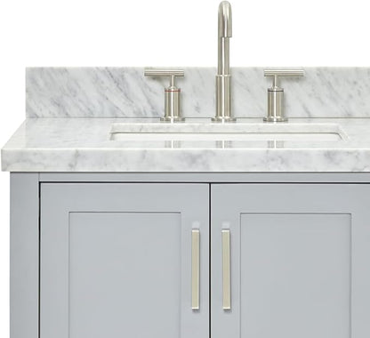 ARIEL 73" Grey Double Bathroom Vanity with 1.5" Edge Italian Carrara Marble Countertop & Splash, Rectangular Sinks, 4 Soft Closing Doors, 3 Dovetail Full Extensions Drawers, Brushed Nickel