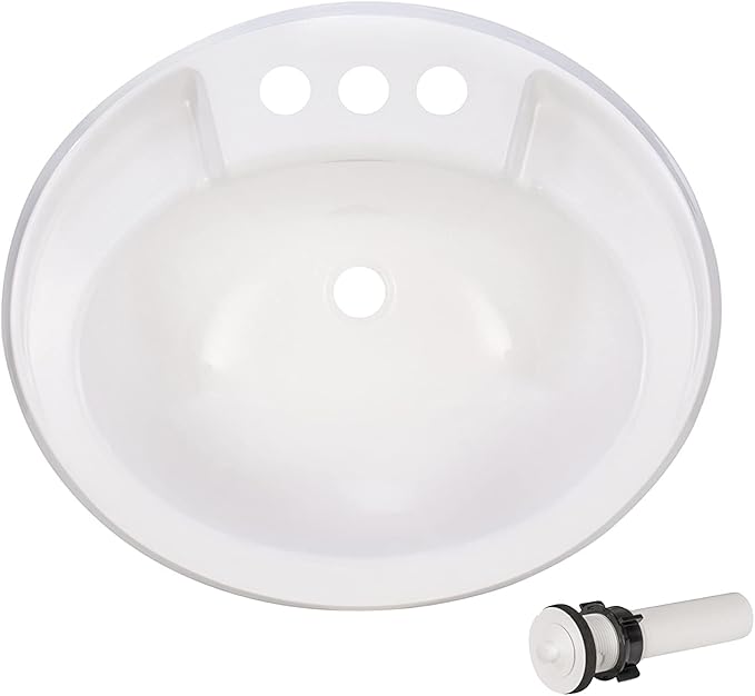 RecPro RV 20" x 17" Plastic Oval Bathroom Sink | White | Single Bowl Lavatory Sink (With Stopper)