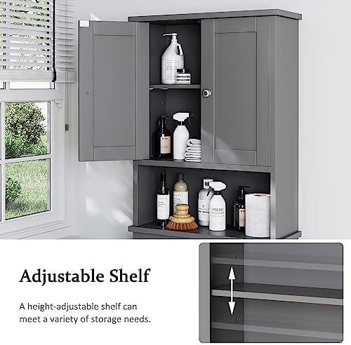 Over the Toilet Storage Cabinet, Bathroom Storage Over Toilet with Two Doors and Adjustable Shelf, Space Saver with Open Shelf, Gray