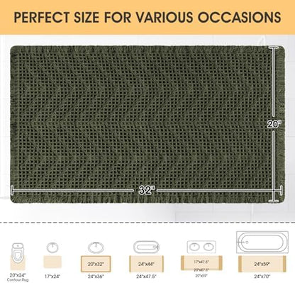 Waffle Bath Mat, Boho Woven Modern Bath Rug Absorbent Non Slip, Ultra Soft Bathroom Mats, Machine Washable Knit Bath Rugs with Herringbones for Bathroom, Bedroom, Kitchen, Shower, 32"x20", Dark Green