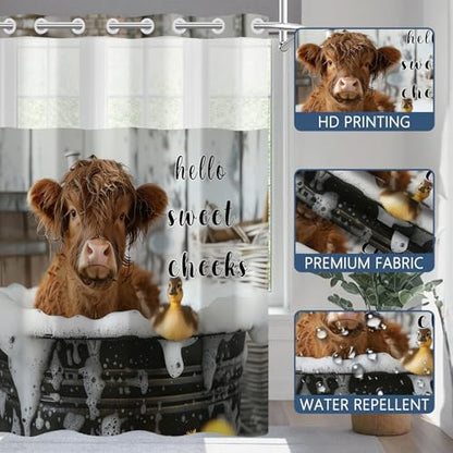 No Hook Highland Cow Shower Curtain and Liner Set 71x74 Inch