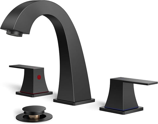 FORIOUS Bathroom Sink Faucet 3 Hole, Matte Black Bathroom Faucets for Vanity with Pop-up Drain and Supply Lines, Lead-Free 8 Inch Widespread Faucet for 3 Hole Sink