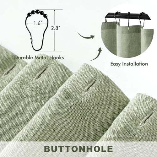 MIULEE Linen Buttonhole Fabric Shower Curtain Sage Green 72*72 Metal Hooks