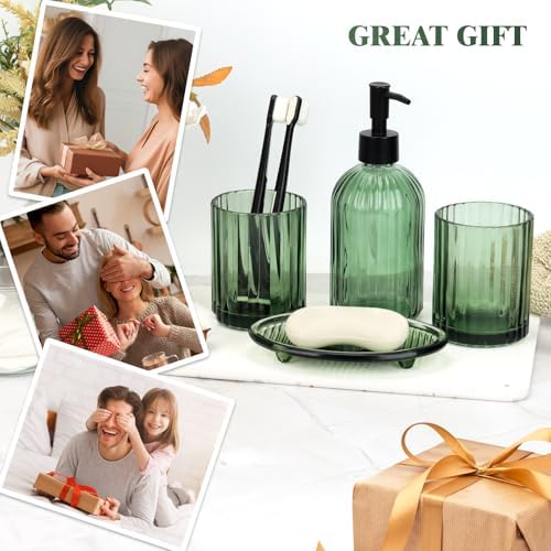 Bathroom Accessories Set, 4Pcs Glass Bathroom Accessories Sets Complete Lotion Soap Dispenser, Toothbrush Holder, Mouthwash Cup, Soap Dish for Bathroom Decor, Countertop Organizer (Green)