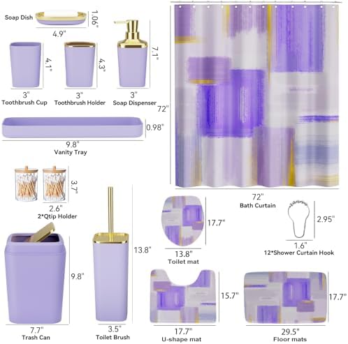 XLHOMO Bathroom Set - Purple and Gold Bathroom Accessories Set, Bathroom Sets with Shower Curtain and Rugs, Purple Shower Curtain Set with Bathroom Trash Can, Soap Dispenser, Soap Dish for Home Decor