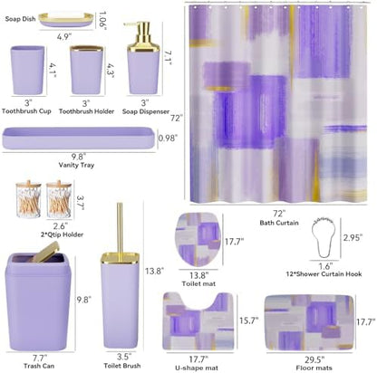 XLHOMO Bathroom Set - Purple and Gold Bathroom Accessories Set, Bathroom Sets with Shower Curtain and Rugs, Purple Shower Curtain Set with Bathroom Trash Can, Soap Dispenser, Soap Dish for Home Decor