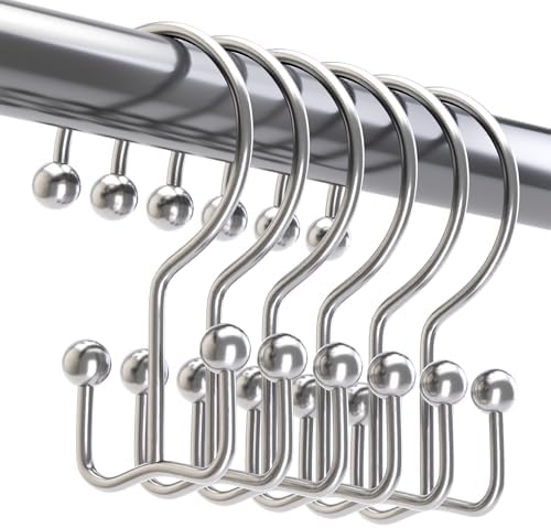 Titanker Shower Curtain Hooks Rings, Rust Resistant Metal Minimalist Simple Double Glide Shower Hooks Rings for Bathroom Shower Rods Curtains, Set of 12 Hooks - Chrome
